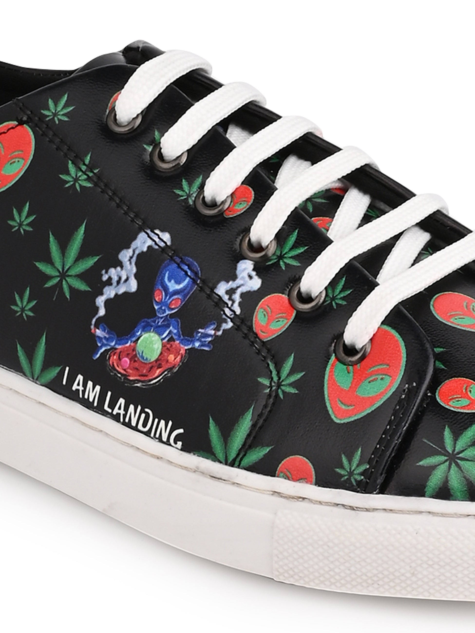 Deep Black Vegan Leather Shoes with Botanical Design