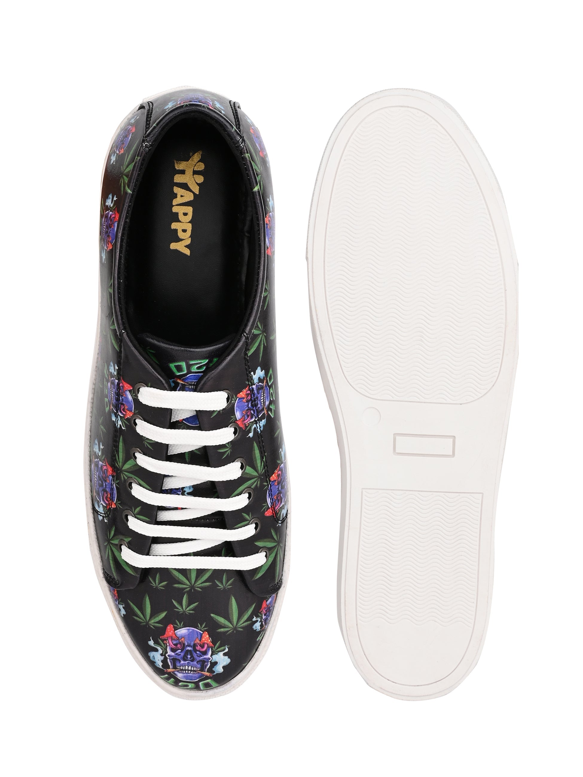 Deep Black Vegan Leather Shoes with Botanical Design