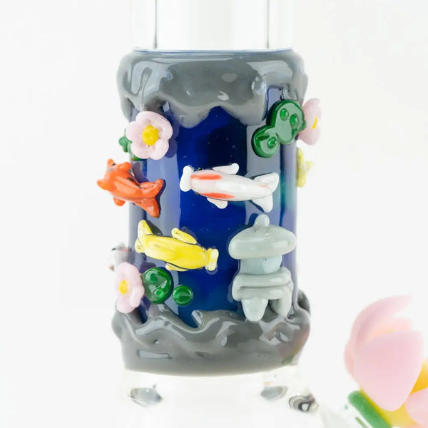 Vibrant blue glass Baby Beaker koi pond water pipe with artistic fish, flowers, pagoda design