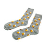 Cozy Beer Mug Socks featuring gray fabric with a pattern of yellow beer mugs