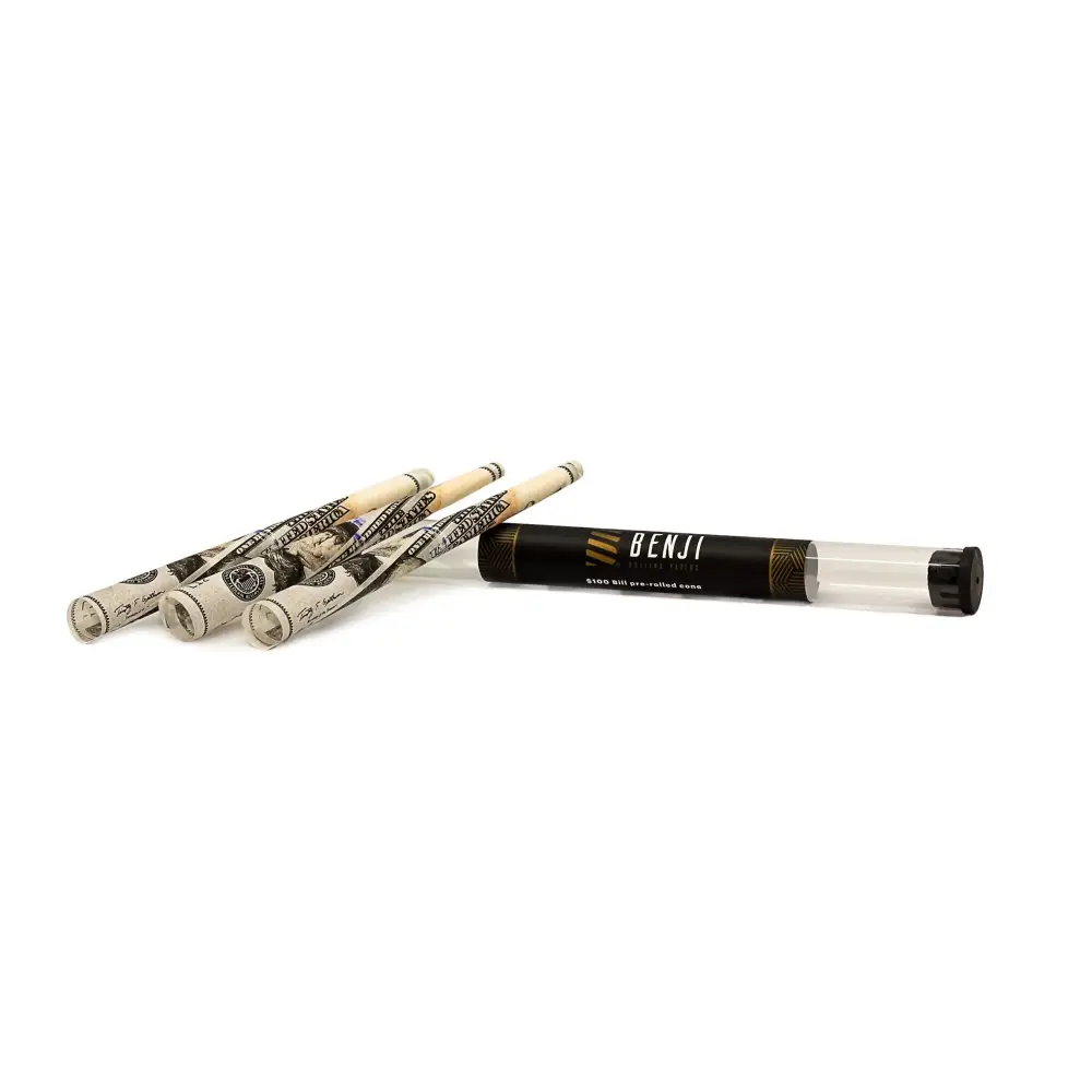 Benji 100 bill print pre-rolled cones in black gold tube