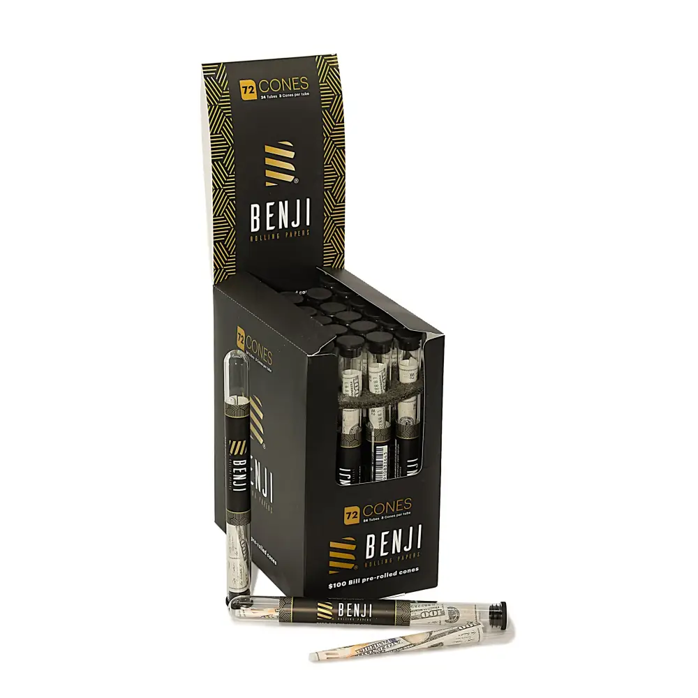 Benji 100 bill print pre-rolled cones in display box with dollar bills