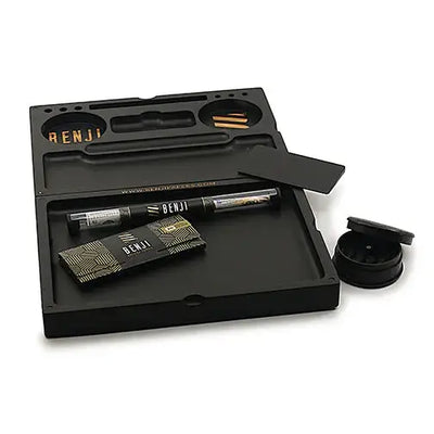 Black Renji bamboo tray kit with grinder and rolling papers