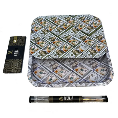 Benji tray kit with green $100 bill pattern for effortless joint rolling