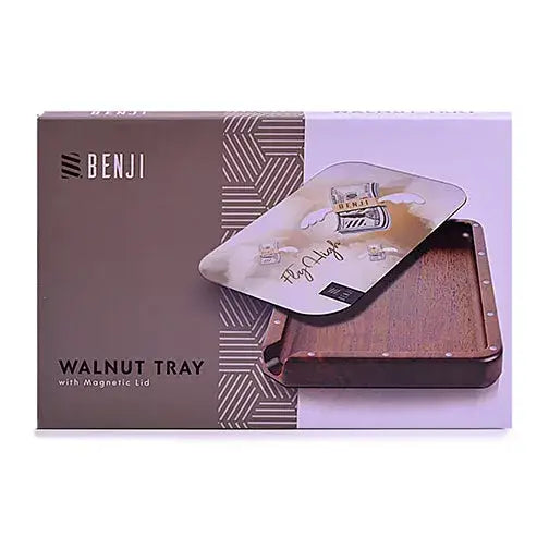 Benji walnut tray with magnetic lid kit, rich brown wood and metallic design