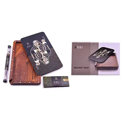 Benji walnut tray with magnetic lid kit, black gold engraved portrait lid