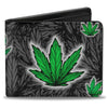 Men’s bi-fold wallet in premium vegan leather with marijuana leaf design on black surface