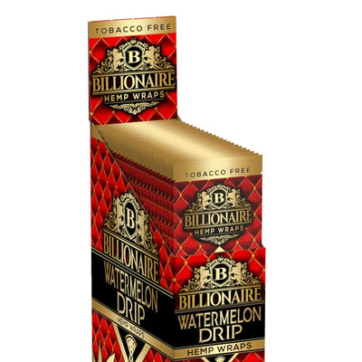 Display box of Billionaire Hemp Wraps Watermelon Drip flavor in red and gold packaging