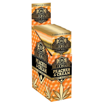 Billionaire Hemp Wraps Peaches & Cream display box with orange cannabis packaging