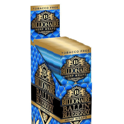 Box of Billionaire Hemp Wraps in Ballin’ Blueberry flavor with blue and gold packaging
