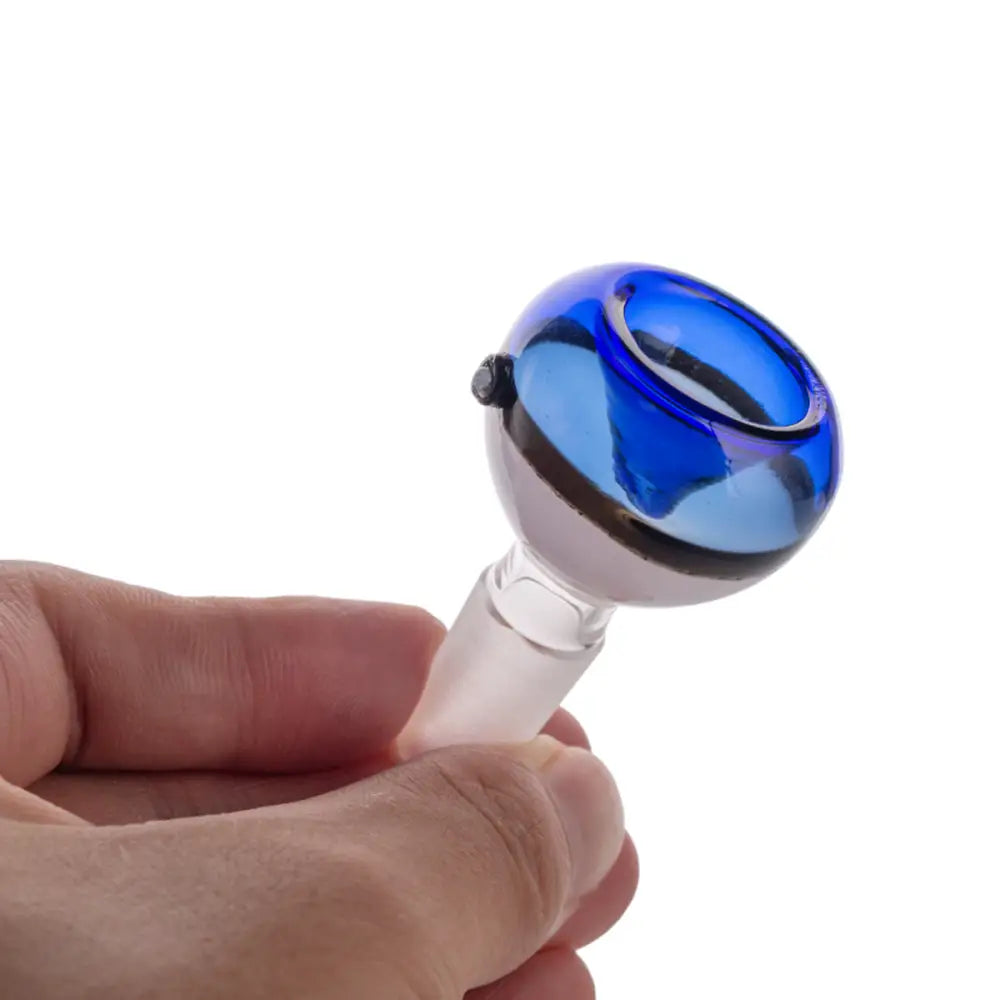 Blue Poke Ball style 14mm glass bong bowl with black rim in hand