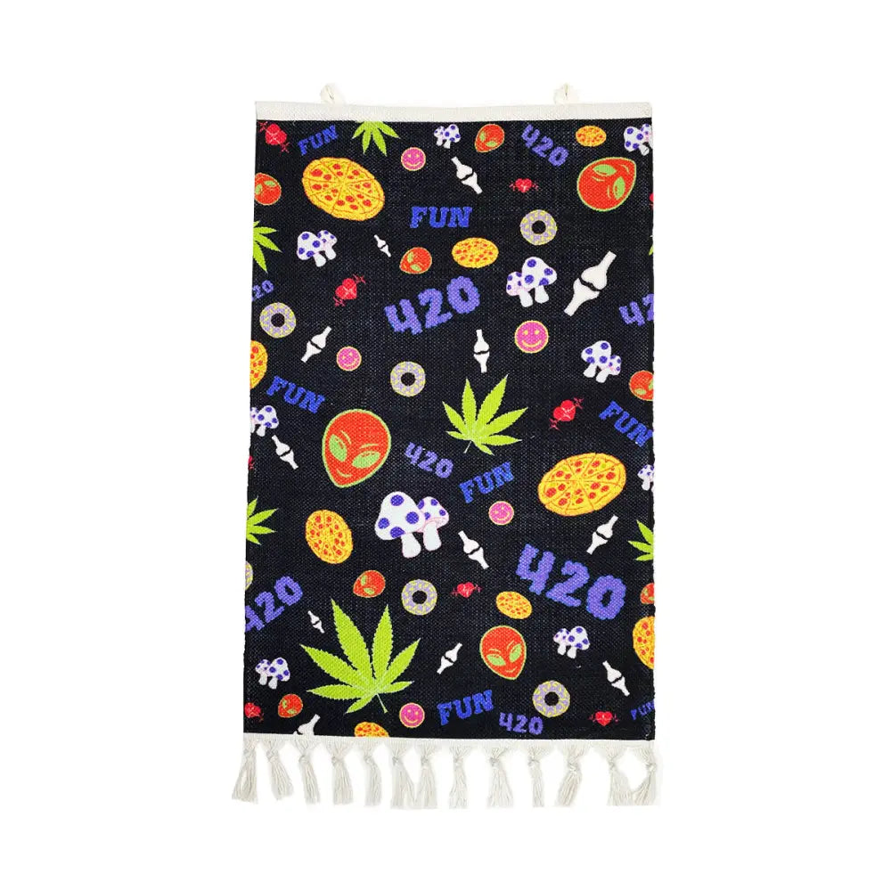 Cannabis wall art: black hanging with mushrooms, aliens, pizza, 420 for smoking space