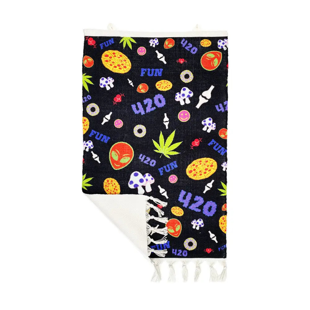 Psychedelic cannabis wall art blanket with 420, mushrooms, aliens for smoking space