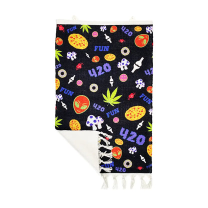 Psychedelic cannabis wall art blanket with 420, mushrooms, aliens for smoking space