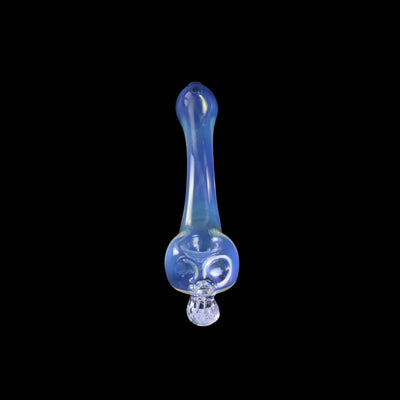Bone Head Gandalf glass pipe with blue design, rounded bowl, and elongated stem