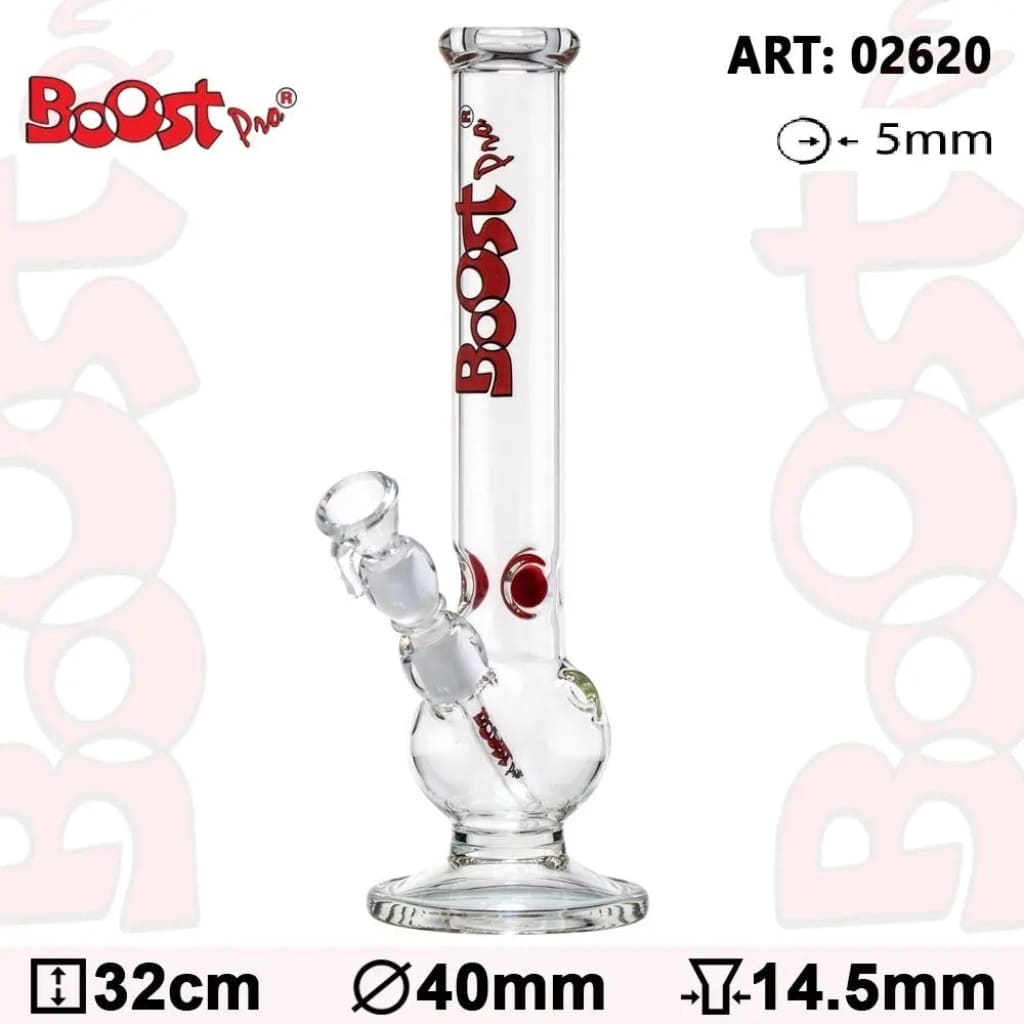 Bouncer Glass Water Pipe with Long Neck and Red Boost Branding on Rounded Base Tube