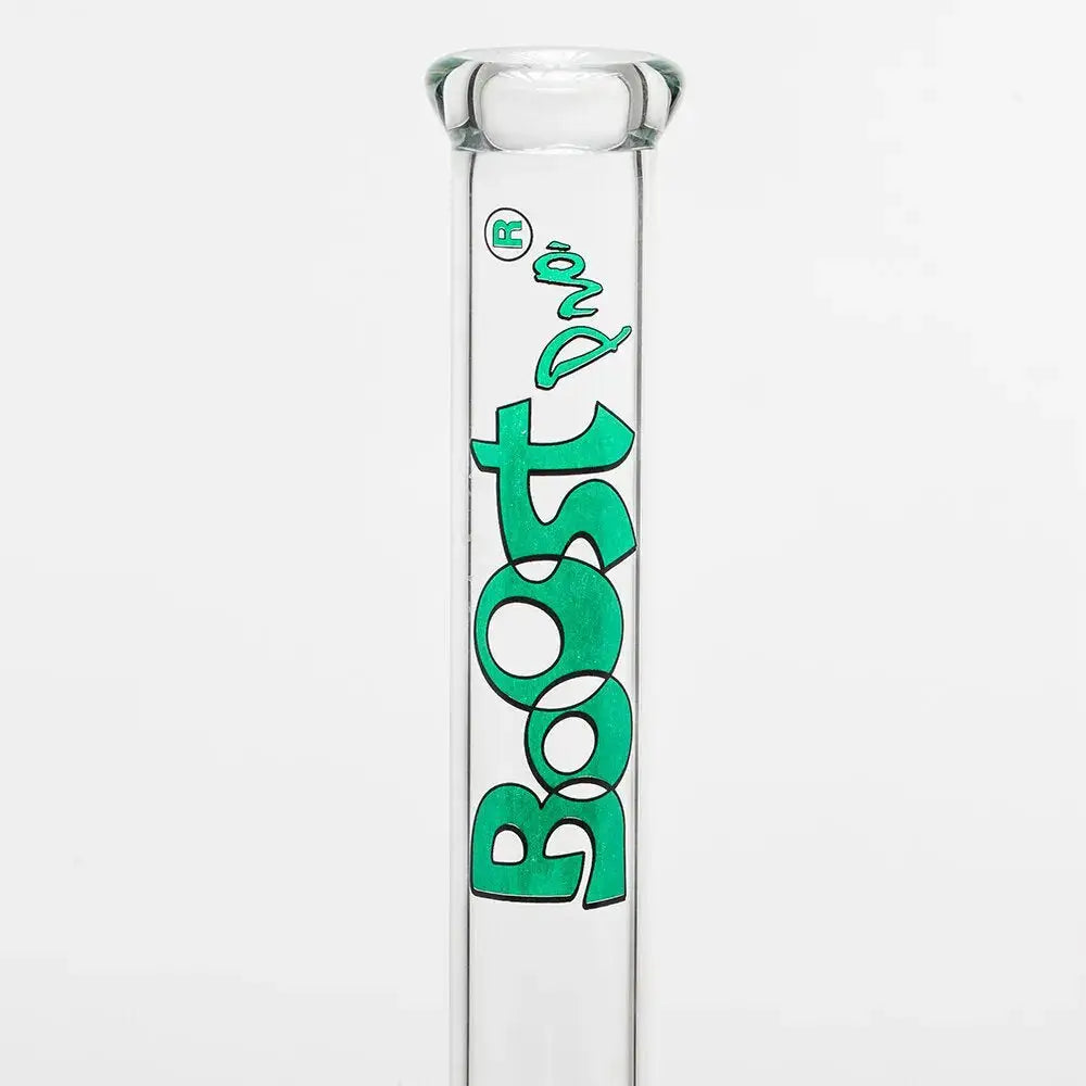 Glass bong with green Bosto lettering on beaker base glass water pipe with ice catcher