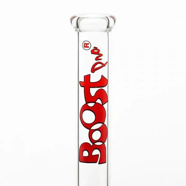Boost Red 17beaker Base Glass Water Pipe with ’Boost’ lettering on clear glass tube