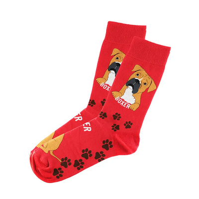 Bright red boxer socks unisex with fun design featuring cartoon boxer dogs and paw prints