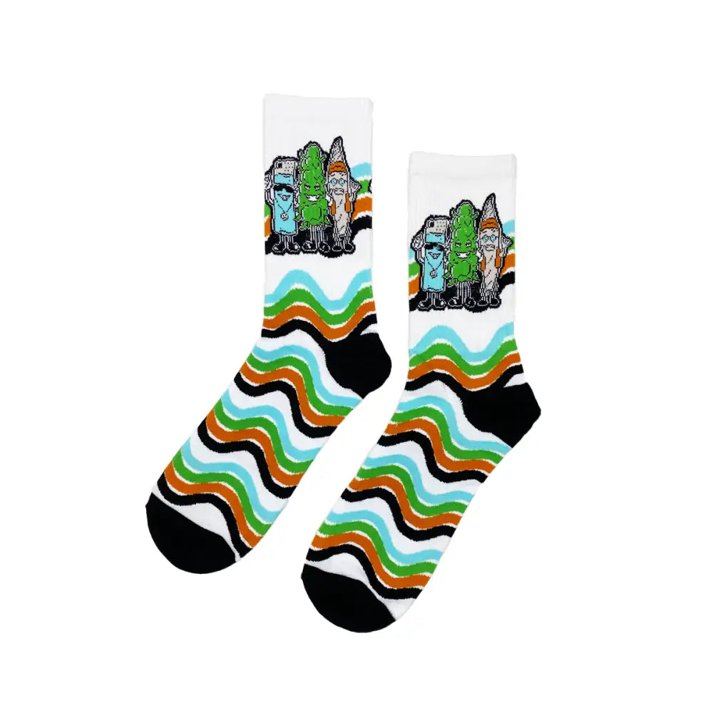Cartoon character socks displayed on Buddies Socks Fits All for comfort and durability