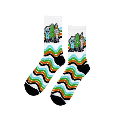 Cartoon character socks displayed on Buddies Socks Fits All for comfort and durability