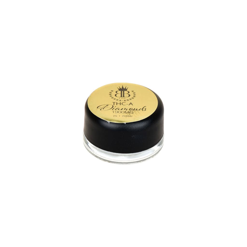Lux THCA Diamonds jar with black base, gold lid, and logo by BudzBurn