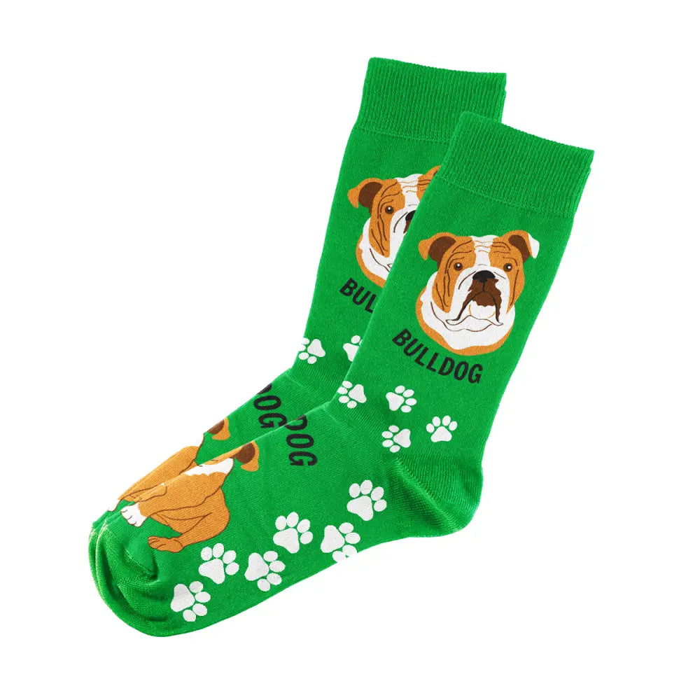Green Bulldog Socks Unisex with Unique Fun Design and White Paw Prints