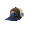 Brown and navy blue Cali Bear Embroidered Snapback Hat with bear logo for street style