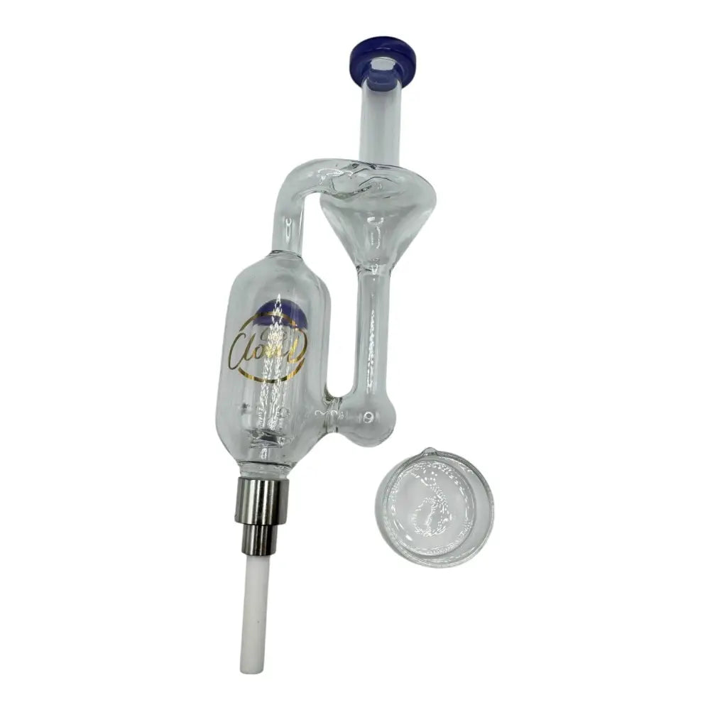 Cali Cloudx mini nectar collector with clear glass, blue mouthpiece, gold lettering