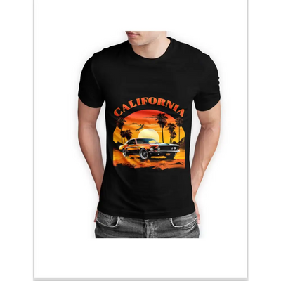 California half sleeve t-shirt featuring a classic car and palm trees at sunset