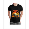 California half sleeve t-shirt featuring a classic car and palm trees at sunset