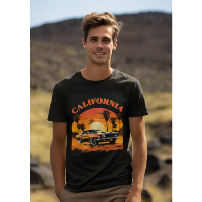 California Half Sleeve T-shirt featuring sunset, palm trees, and classic car graphic