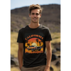 California Half Sleeve T-shirt featuring sunset, palm trees, and classic car graphic