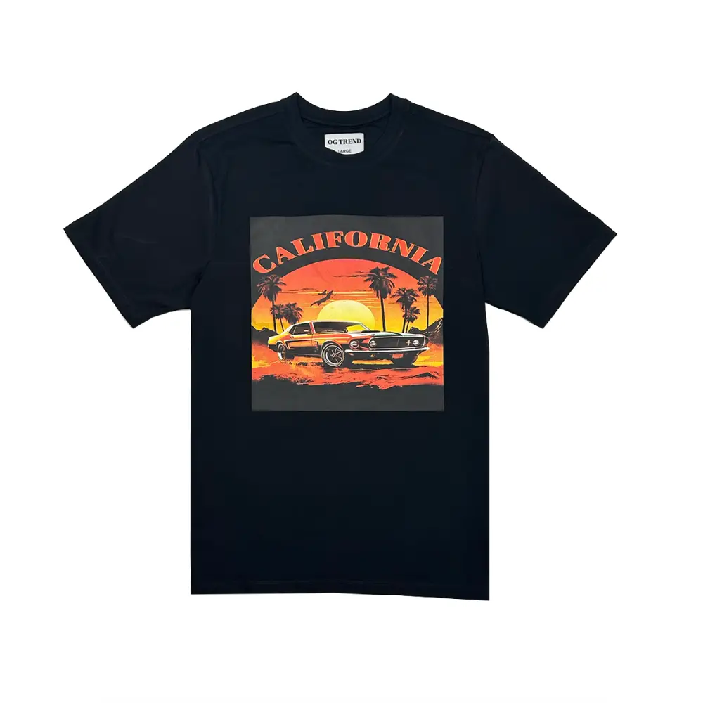 Black California half sleeve t-shirt with classic car and sunset graphic