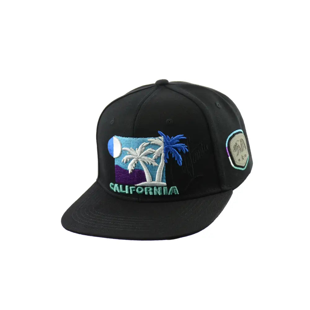 Black california sunset embroidered snapback hat with palm tree design