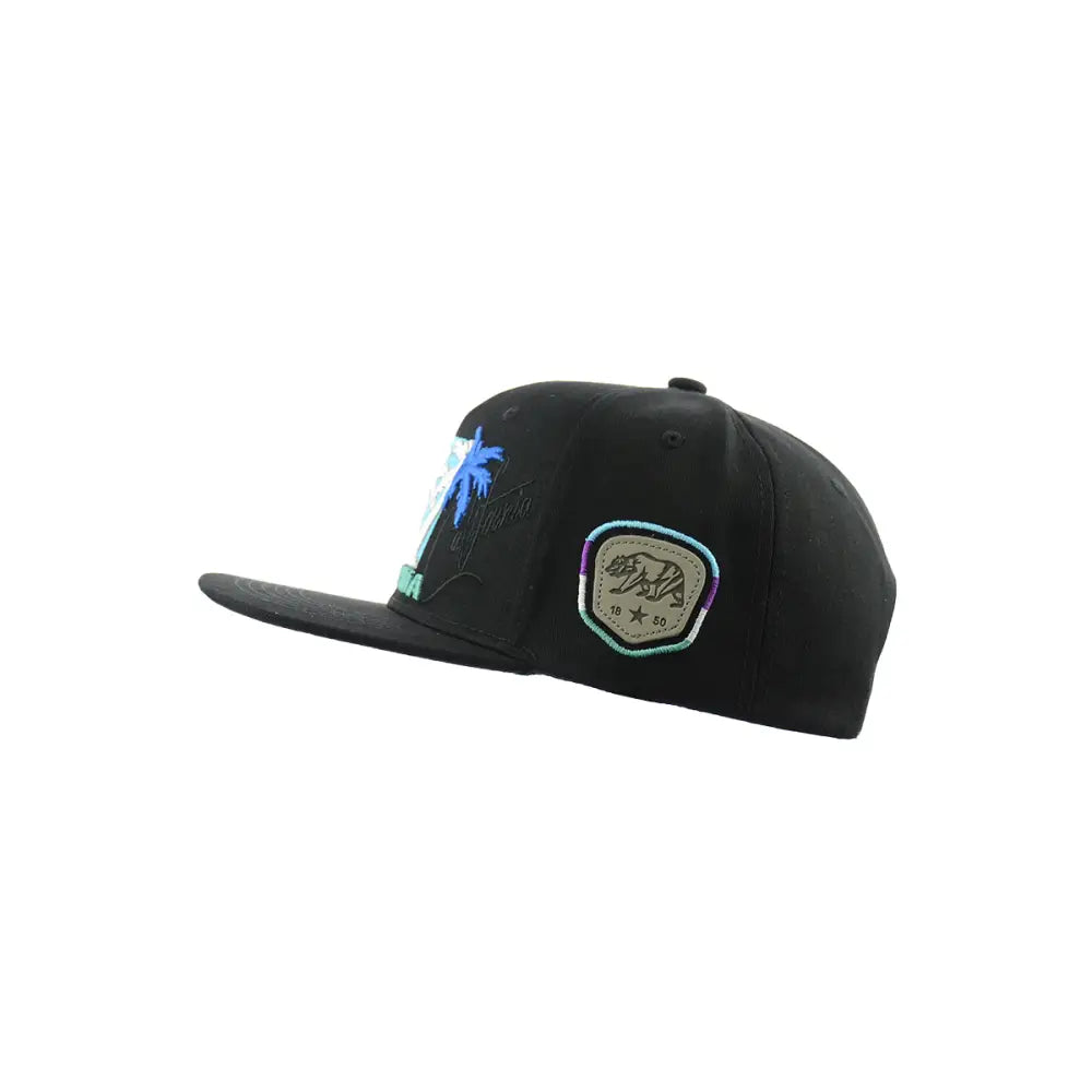 Black California Sunset Embroidered Snapback Hat featuring sunset embroidery and adjustable fit