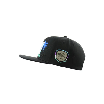 Black California Sunset Embroidered Snapback Hat featuring sunset embroidery and adjustable fit