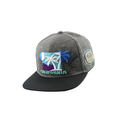 Gray baseball cap with California sunset embroidered design on a sunset embroidered snapback hat