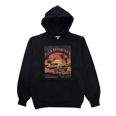 Black California Sunset Hoodie featuring sunset and classic car graphic design