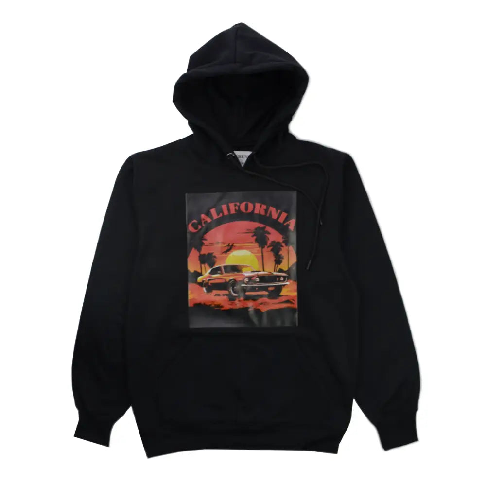 Black California Sunset Hoodie featuring classic car graphic design for stylish comfort