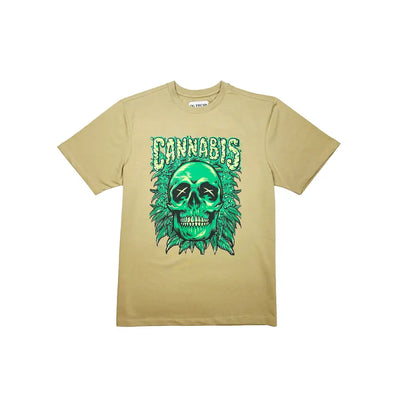 Tan T-shirt with cannabis skull graphic, featuring a skull half sleeve design in black cotton blend