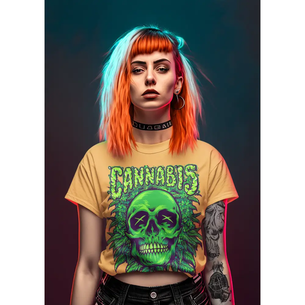 Cannabis skull t-shirt with half sleeve design in black cotton blend for streetwear style