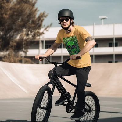 Black BMX bicycle with cannabis skull design on Skull Half Sleeve T-shirt in black cotton blend