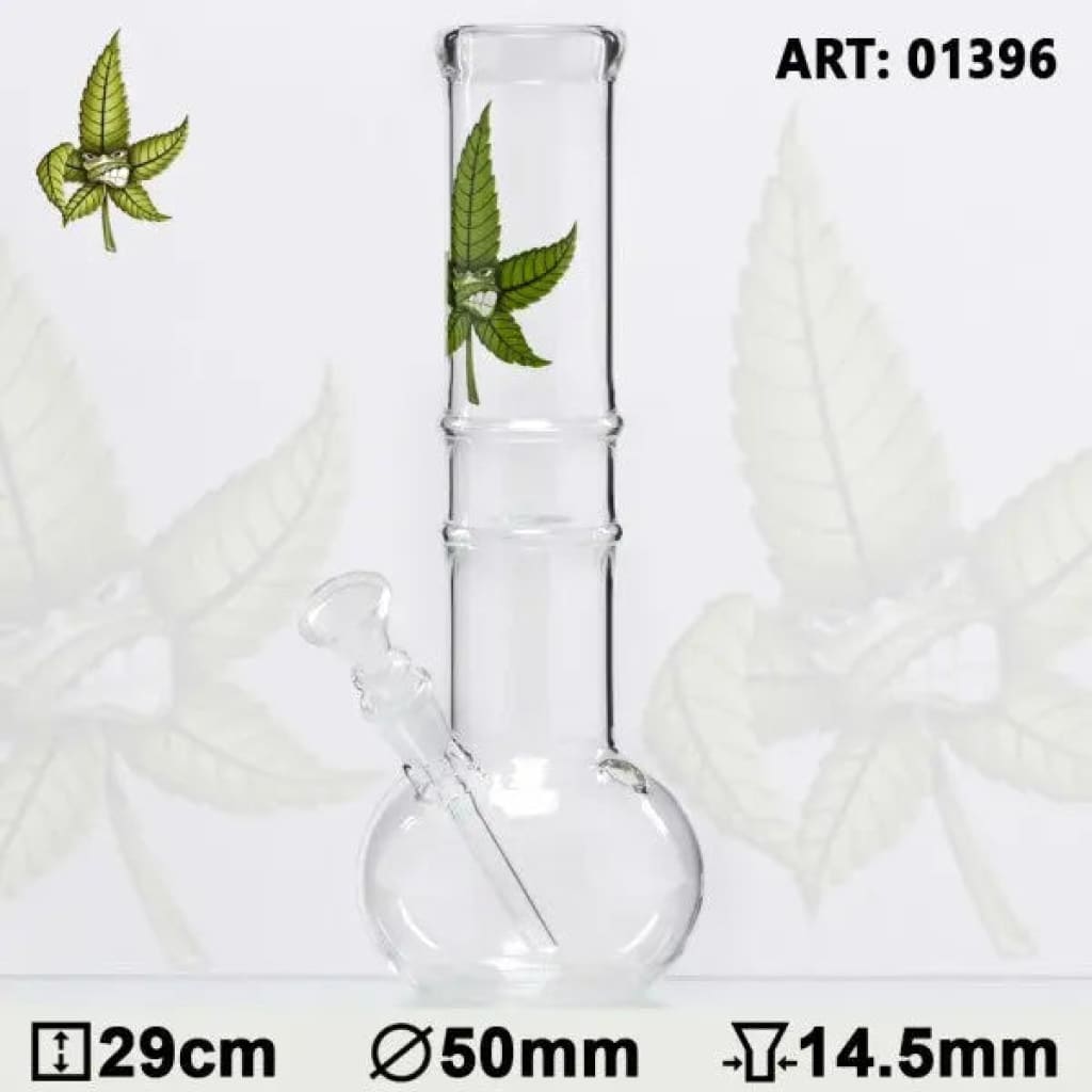 Clear glass water pipe features bamboo-style segments and cartoon marijuana leaf design