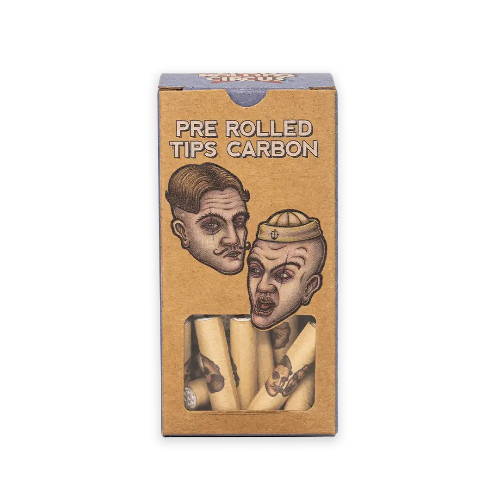 Box of Carbon Rolling Filter Tips with surreal disembodied heads illustrations