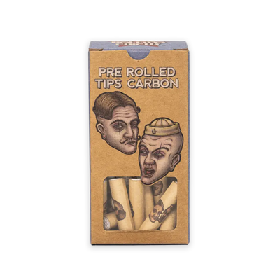 Box of Carbon Rolling Filter Tips with surreal disembodied heads illustrations