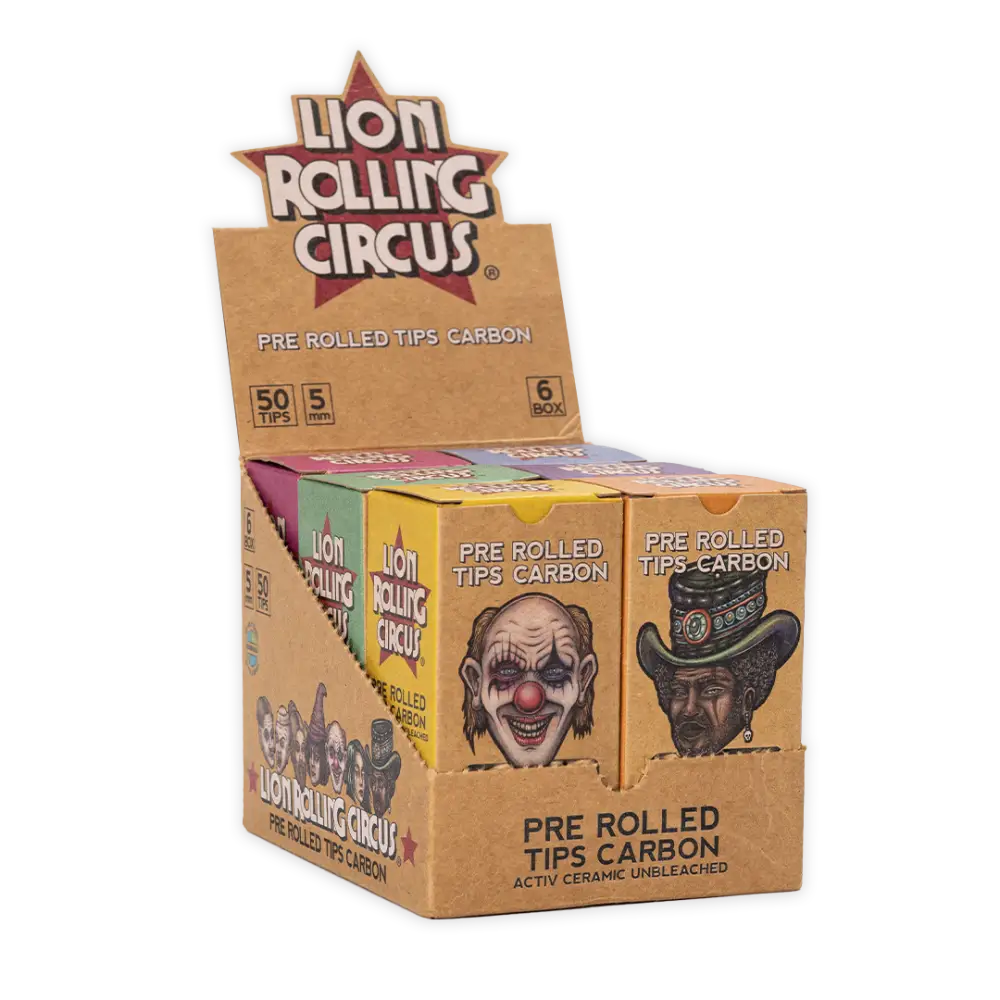 Display box of Lion Rolling Circus carbon rolling filter tips with clown and cowboy designs