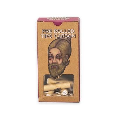 Box of Carbon Rolling Filter Tips featuring an illustrated bearded face design