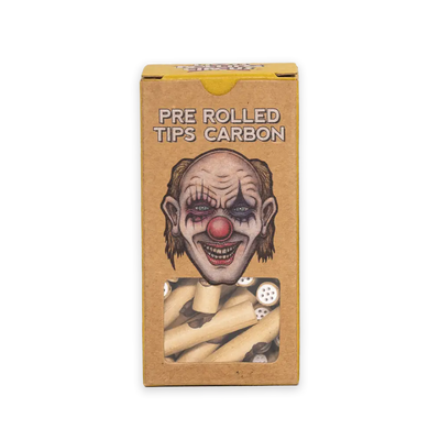 Box of Carbon Rolling Filter Tips featuring a clown face illustration on the packaging