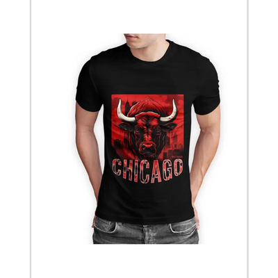 Half sleeve black t-shirt with red bull graphic and Chicago text for stylish comfort